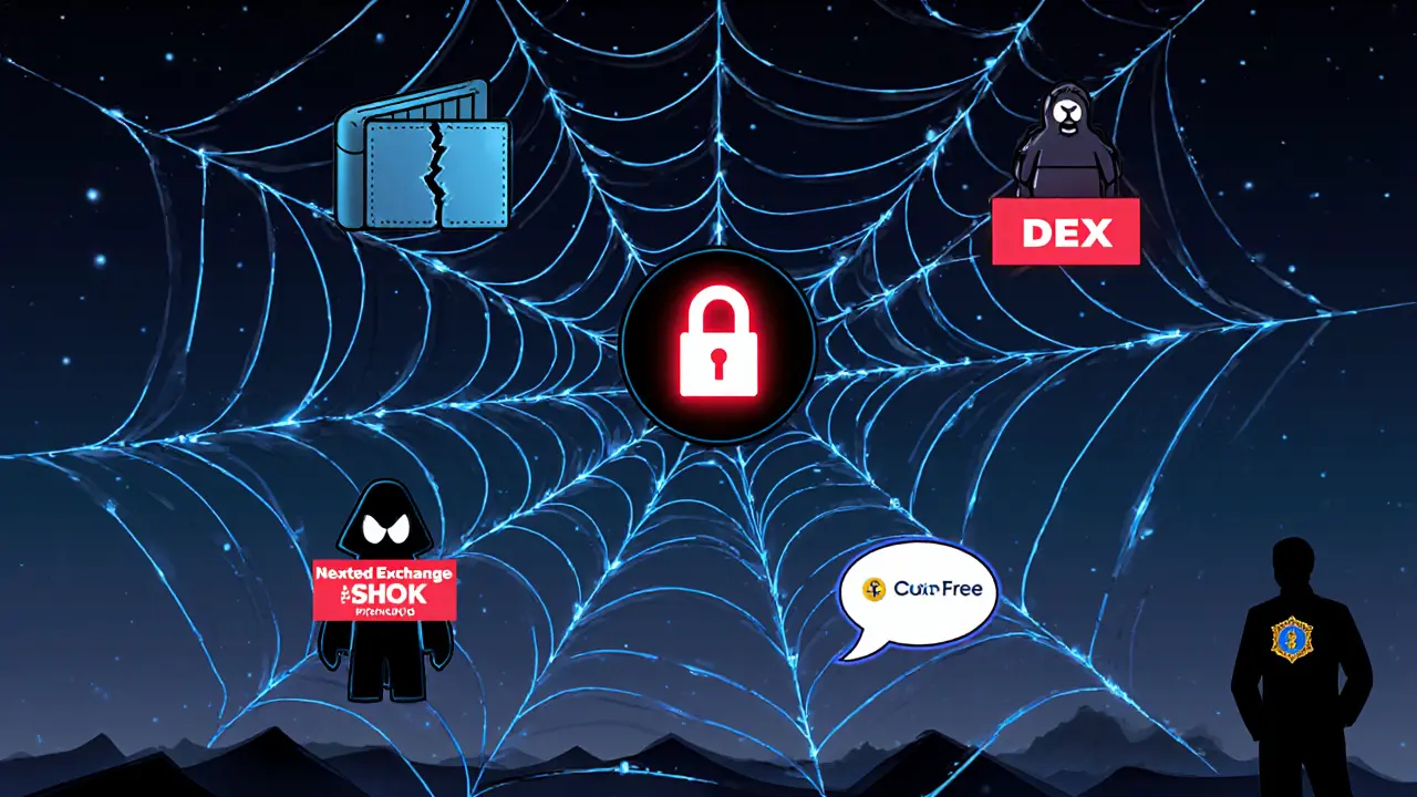 Neon spider web of nodes depicting compromised wallets, nested exchanges, DEX, and coin‑swap bots.