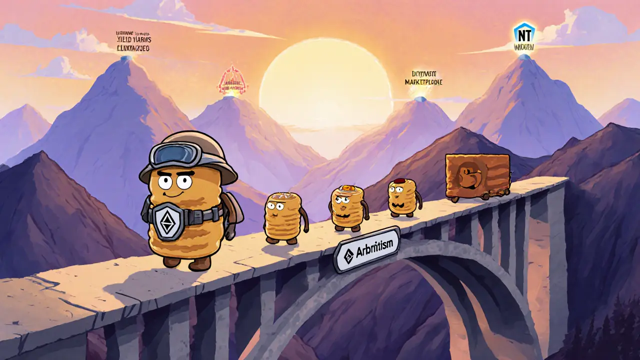 Pancake explorer crosses a layer‑2 bridge toward futuristic DeFi feature peaks.