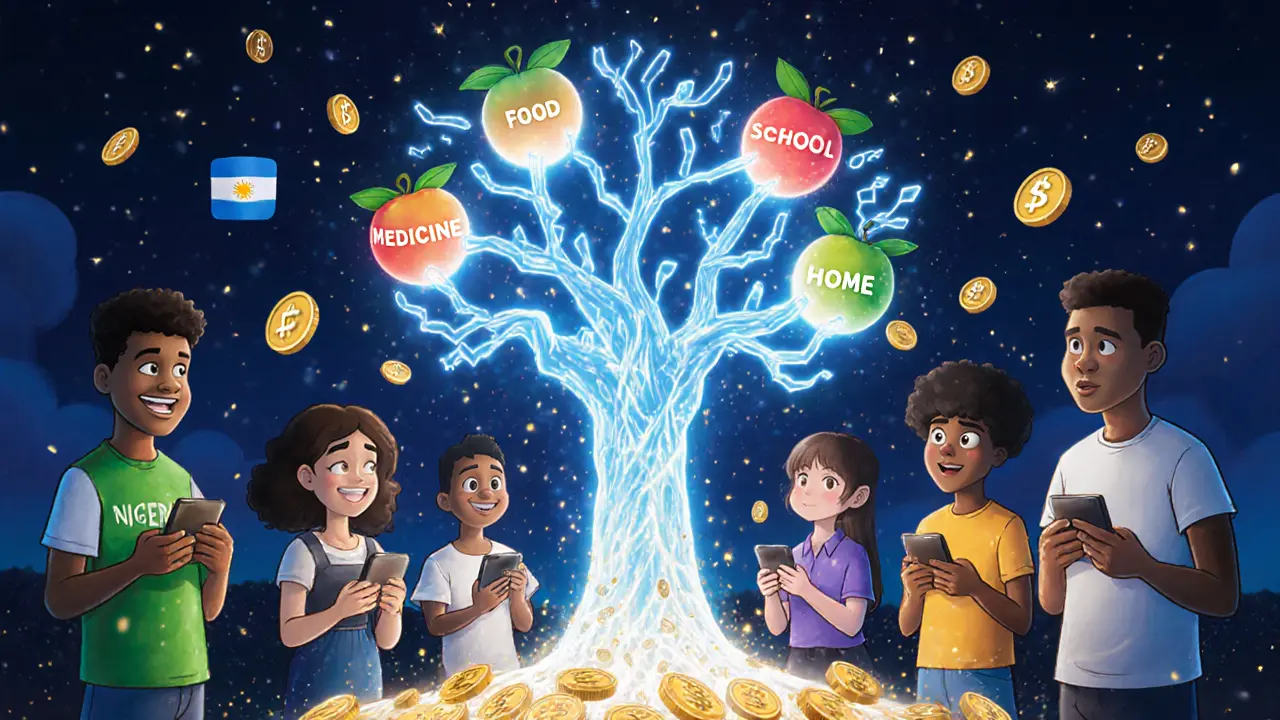 People from different countries connect through a digital tree symbolizing crypto-powered access to basic needs.