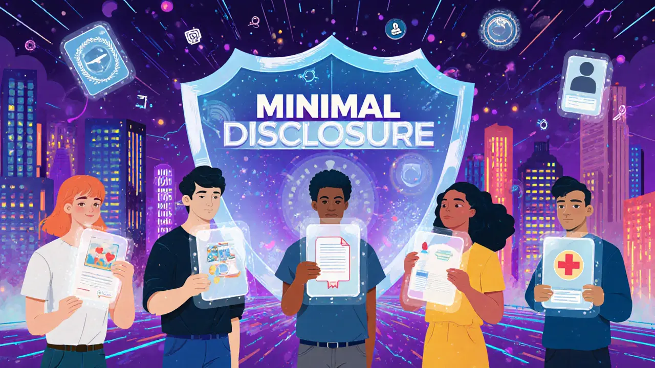 People holding holographic DID badges protected by a 'Minimal Disclosure' shield in a digital city.