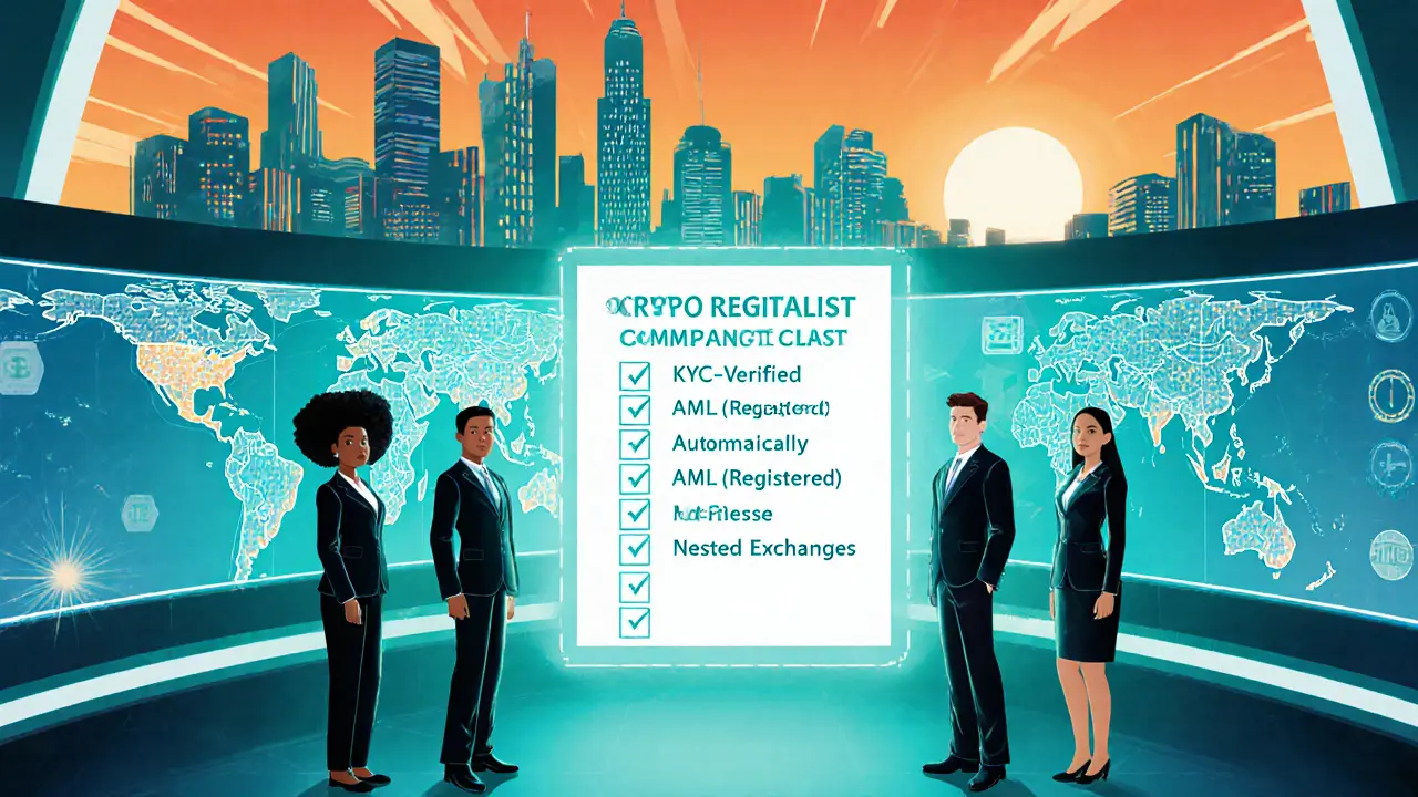 Regulatory command center with holographic screens showing transaction maps and compliance checklist.