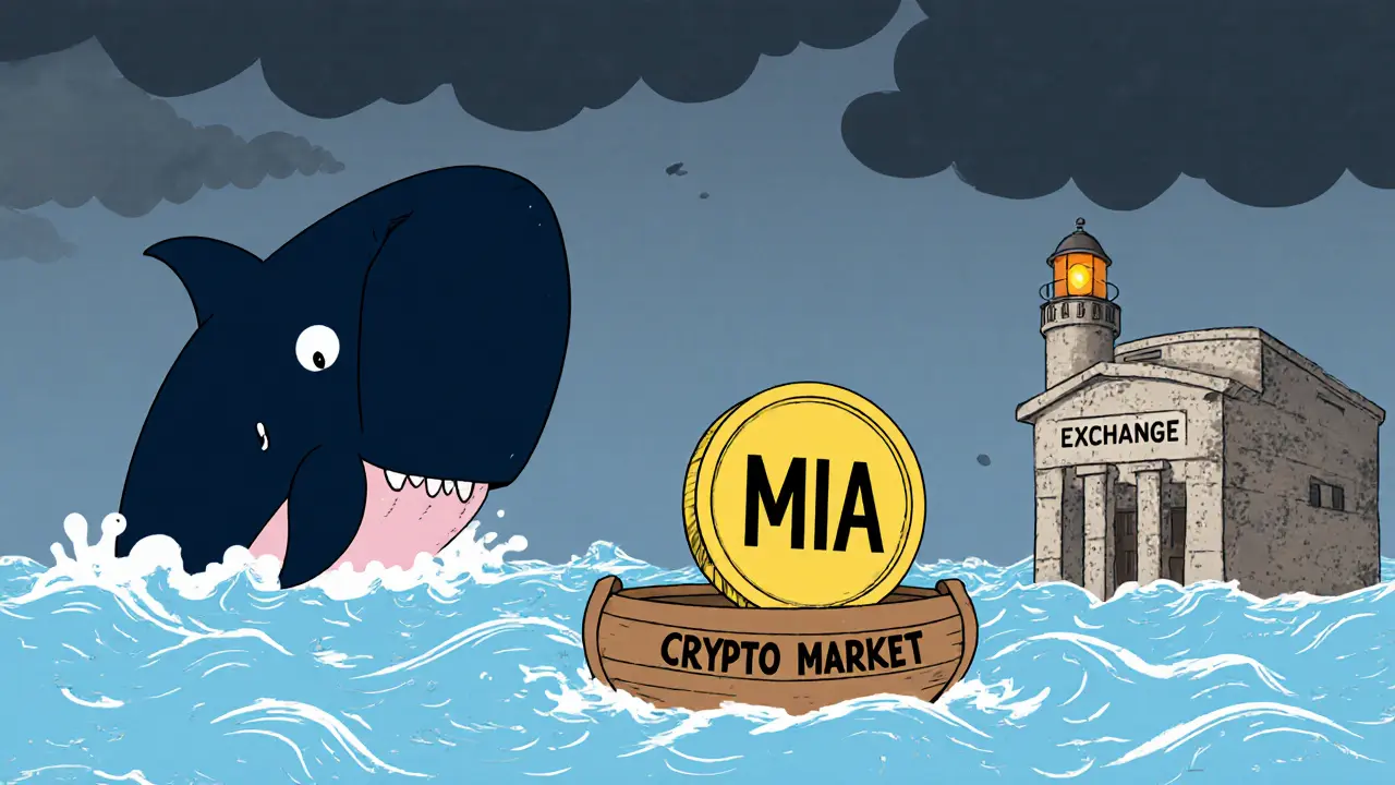 Small raft with MIA coin on rough crypto market waters, whales nearby.