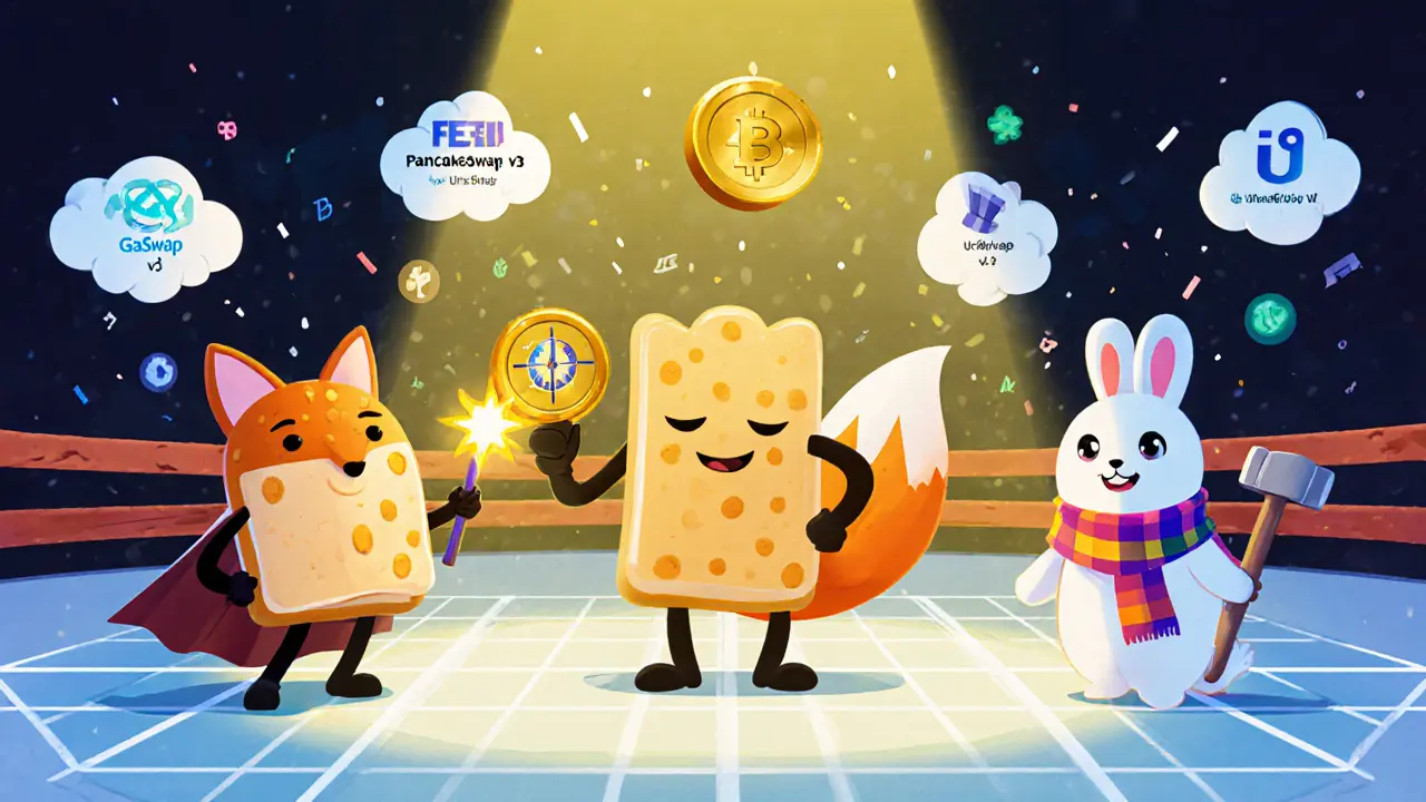 Three DEX mascots—pancake, fox, rabbit—showcase their tools in a cartoon arena.
