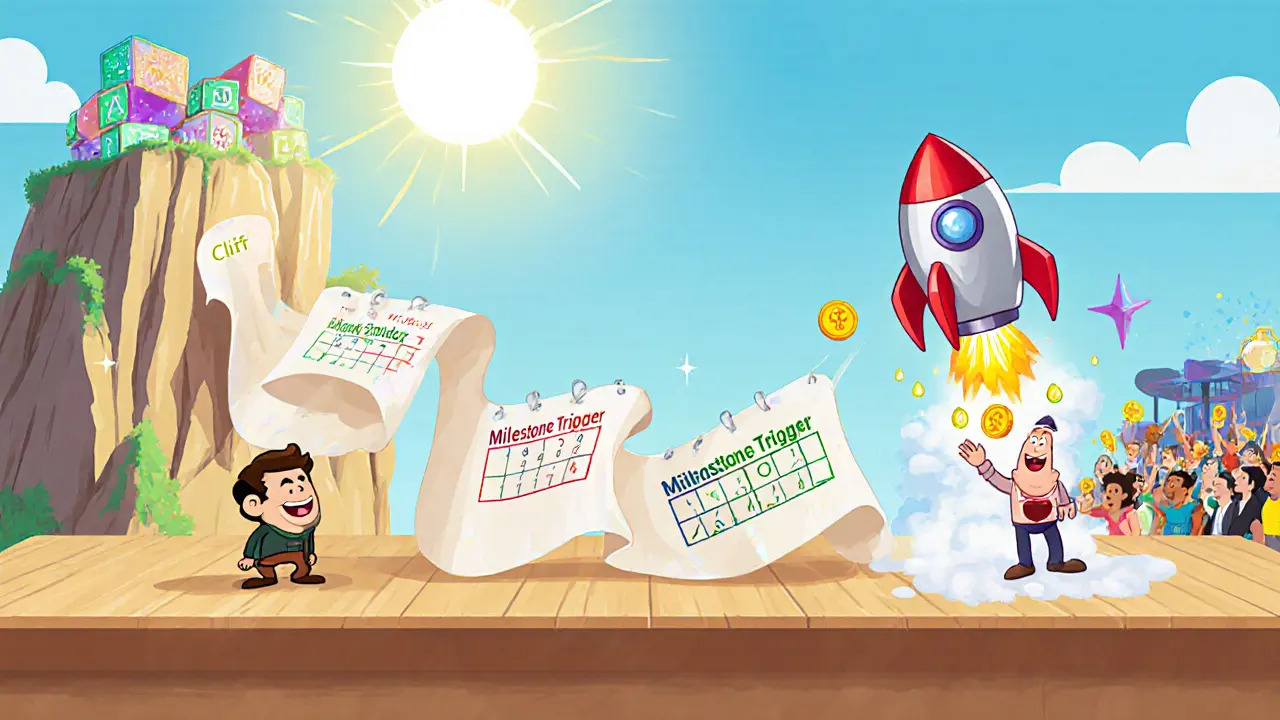 Timeline showing cliff, monthly token drops, and milestone rocket releases.