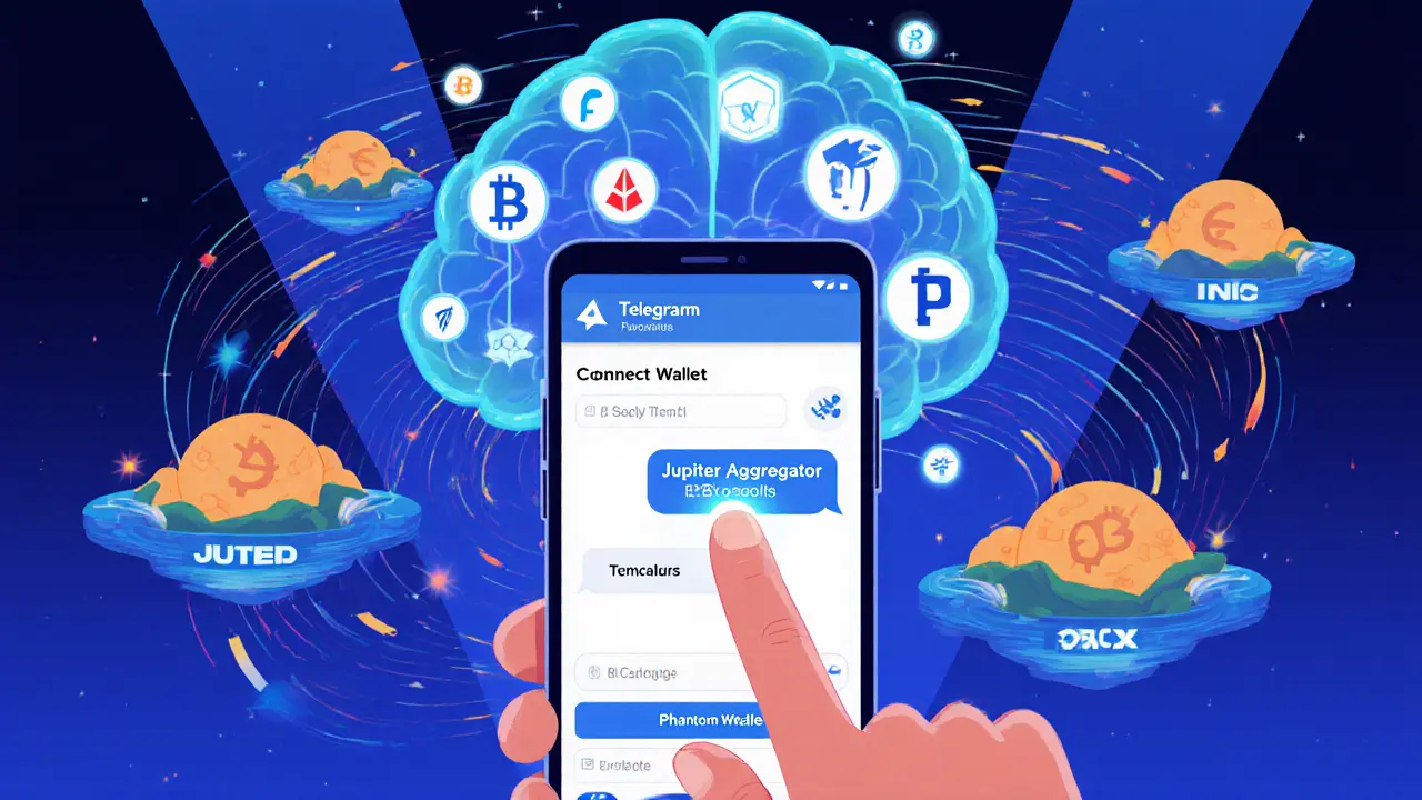 User tapping a Telegram chat on a phone while a holographic AI assistant displays token data.