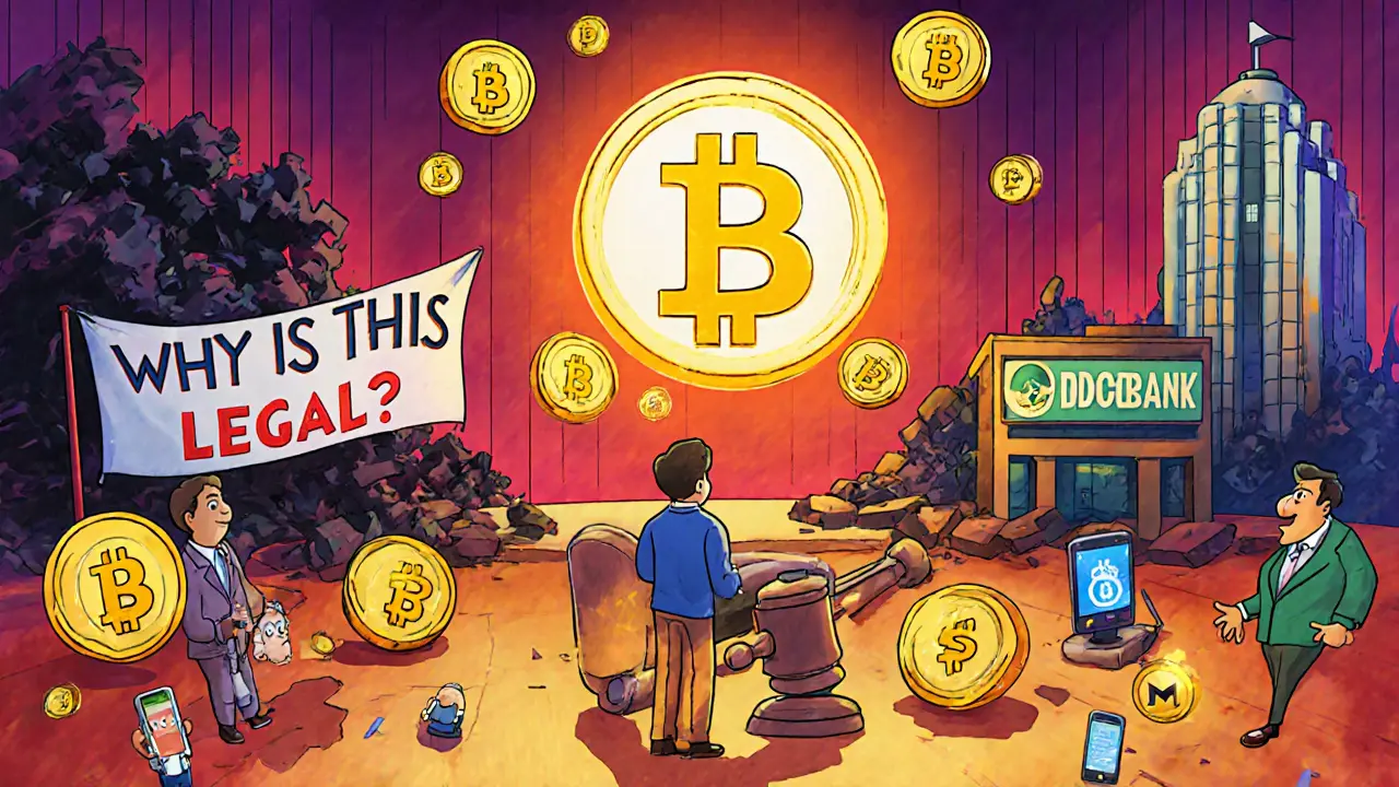 A courtroom where USDT rises as a hero against frowning taka coins, with frozen bank accounts and rising CBDC towers in the background.