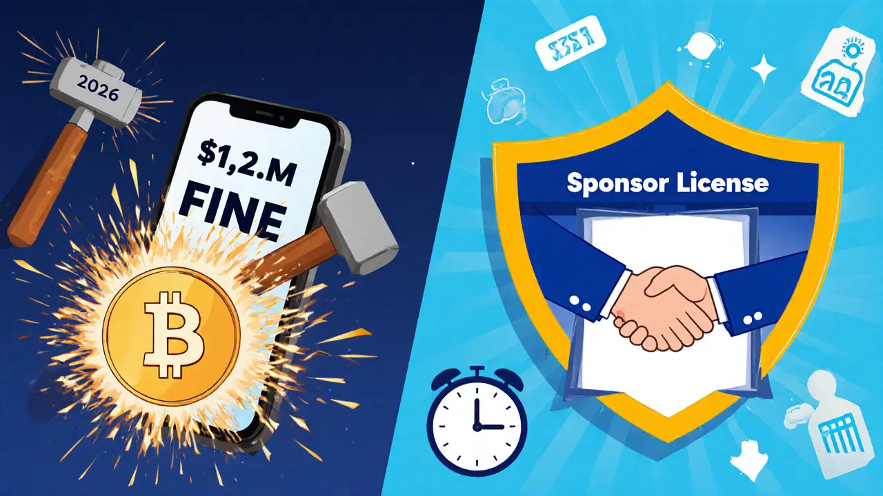 A crypto app explodes into fines on one side, while safely operating under a sponsor license on the other, with AML icons floating nearby.