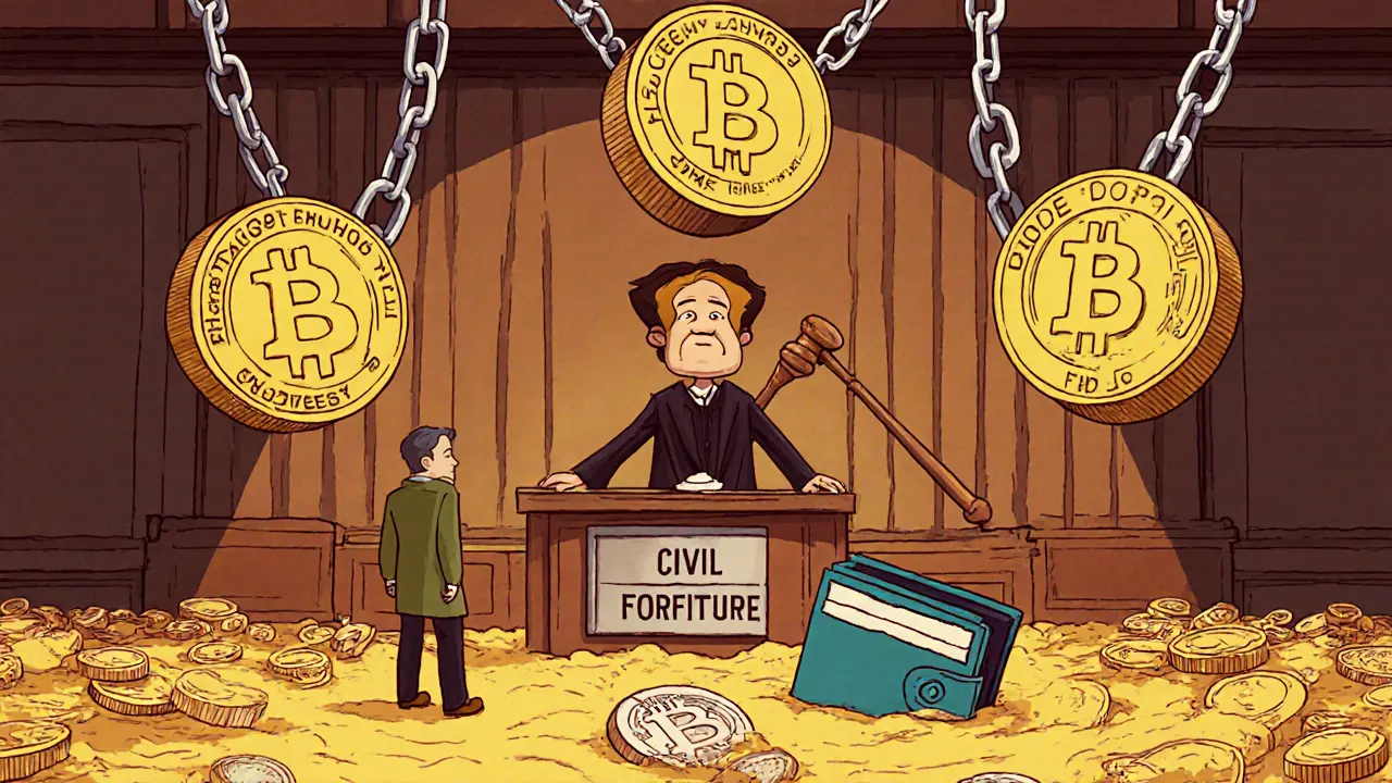 A defendant in court surrounded by three unbreakable chains representing unhidden crypto traces, sinking into forfeiture quicksand.