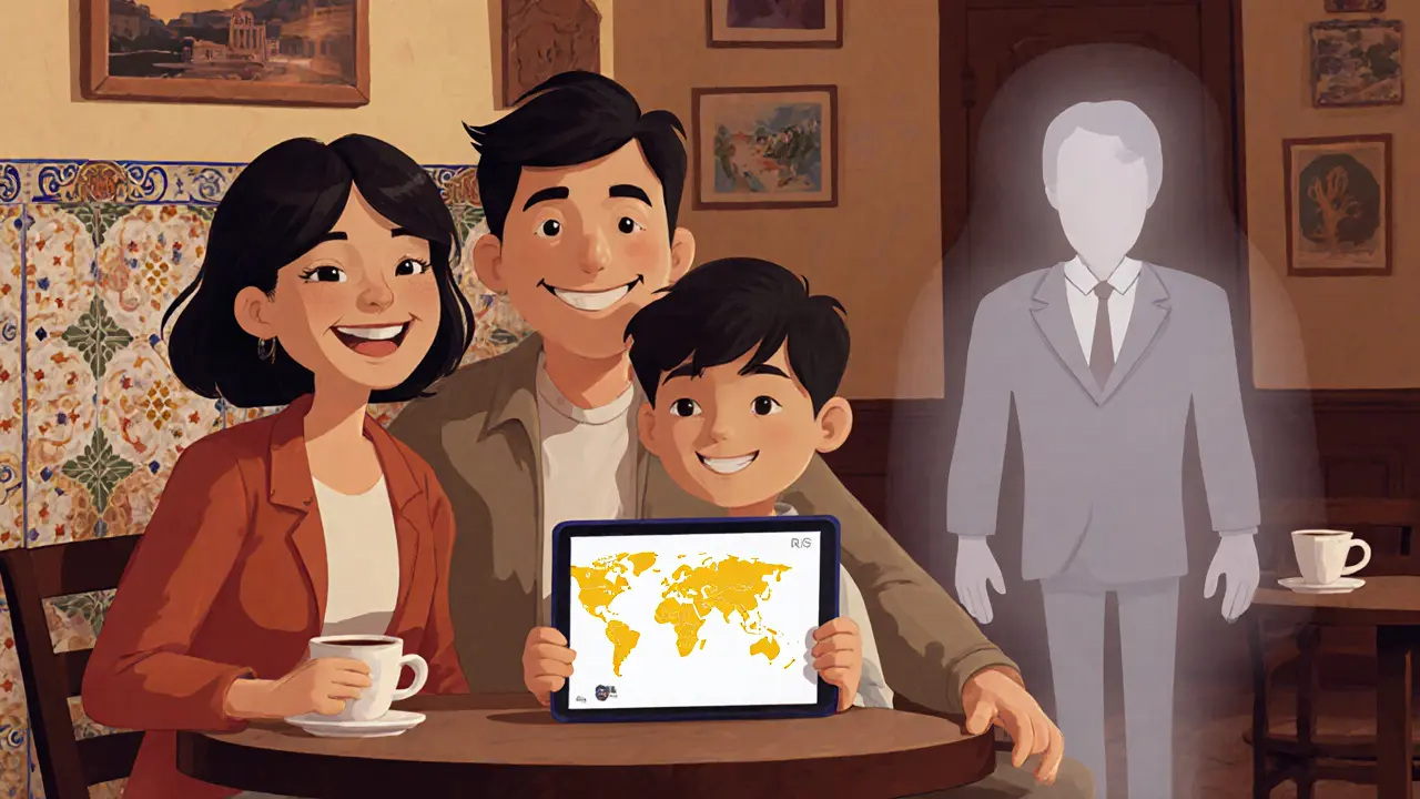 A family in Lisbon enjoying coffee, with a fading IRS ghost in the background.