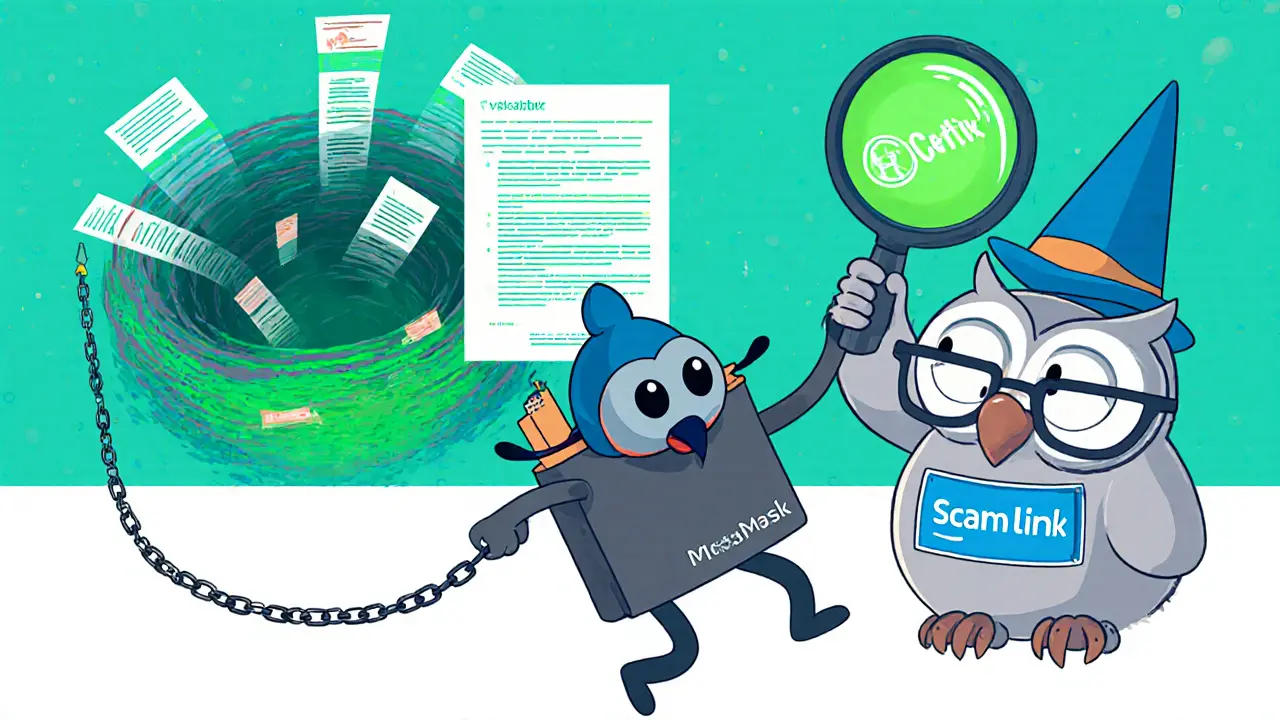 A friendly wallet being pulled toward phishing scams, while an owl reveals a verified contract.