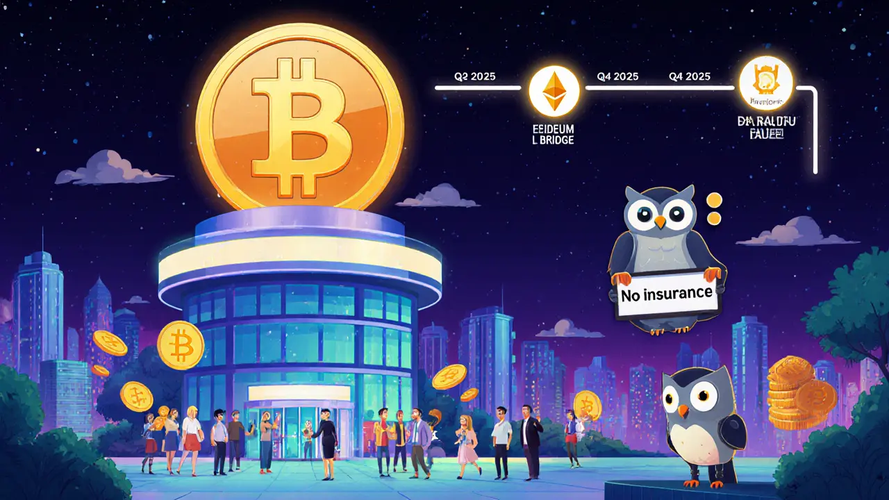 A futuristic Solana city with Jupiter’s tower and roadmap to mobile app and Ethereum L2 expansion at night.