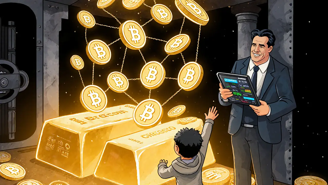 A golden bar turning into shimmering tokens, with a child catching one while a banker watches on a tablet.