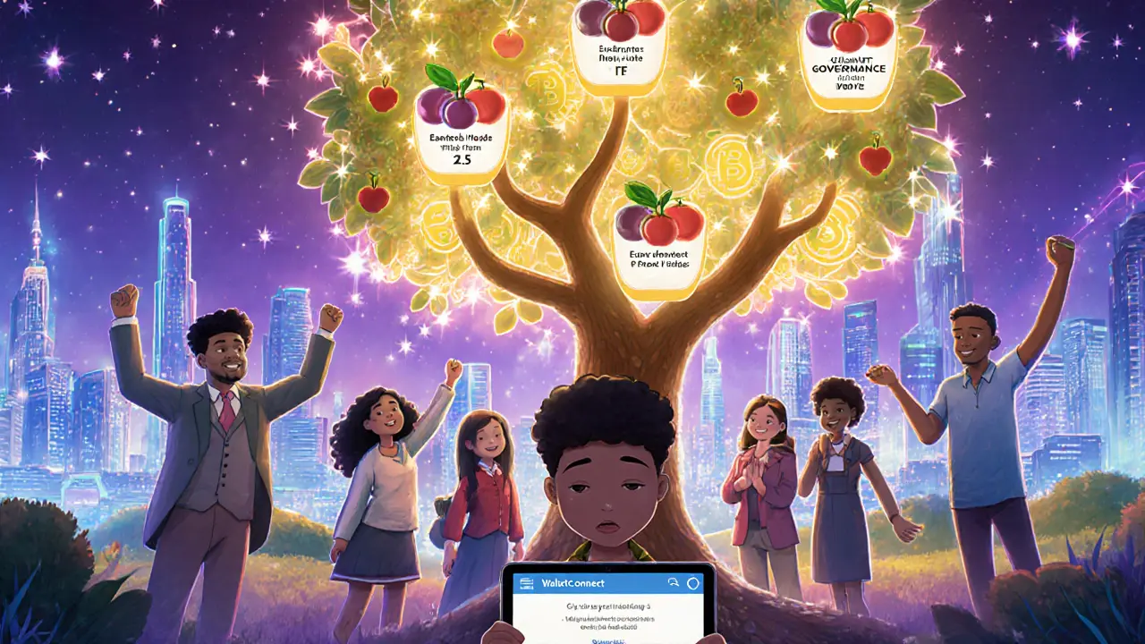 A group celebrates earning from dApps under a blockchain tree, with a child using a tablet to connect.