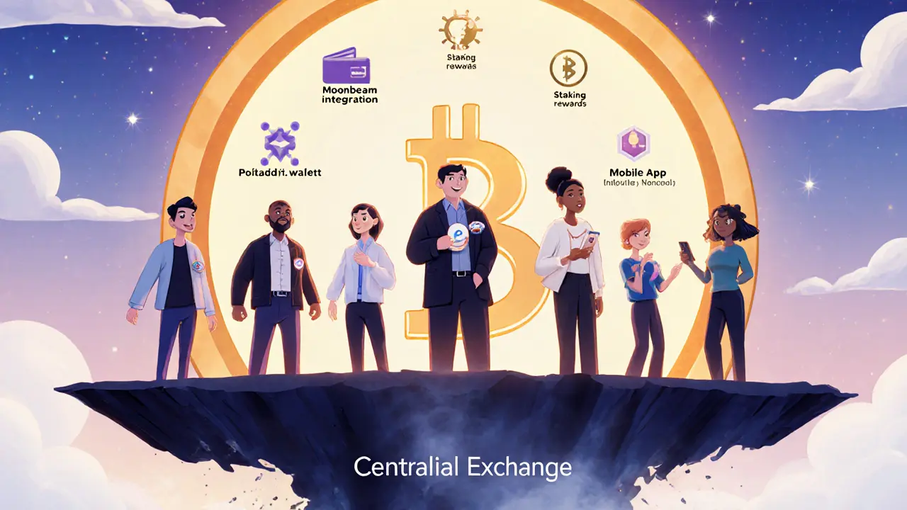 A group of users on a floating PDEX-shaped platform, watching roadmap features like Moonbeam and mobile app launch into the sky.