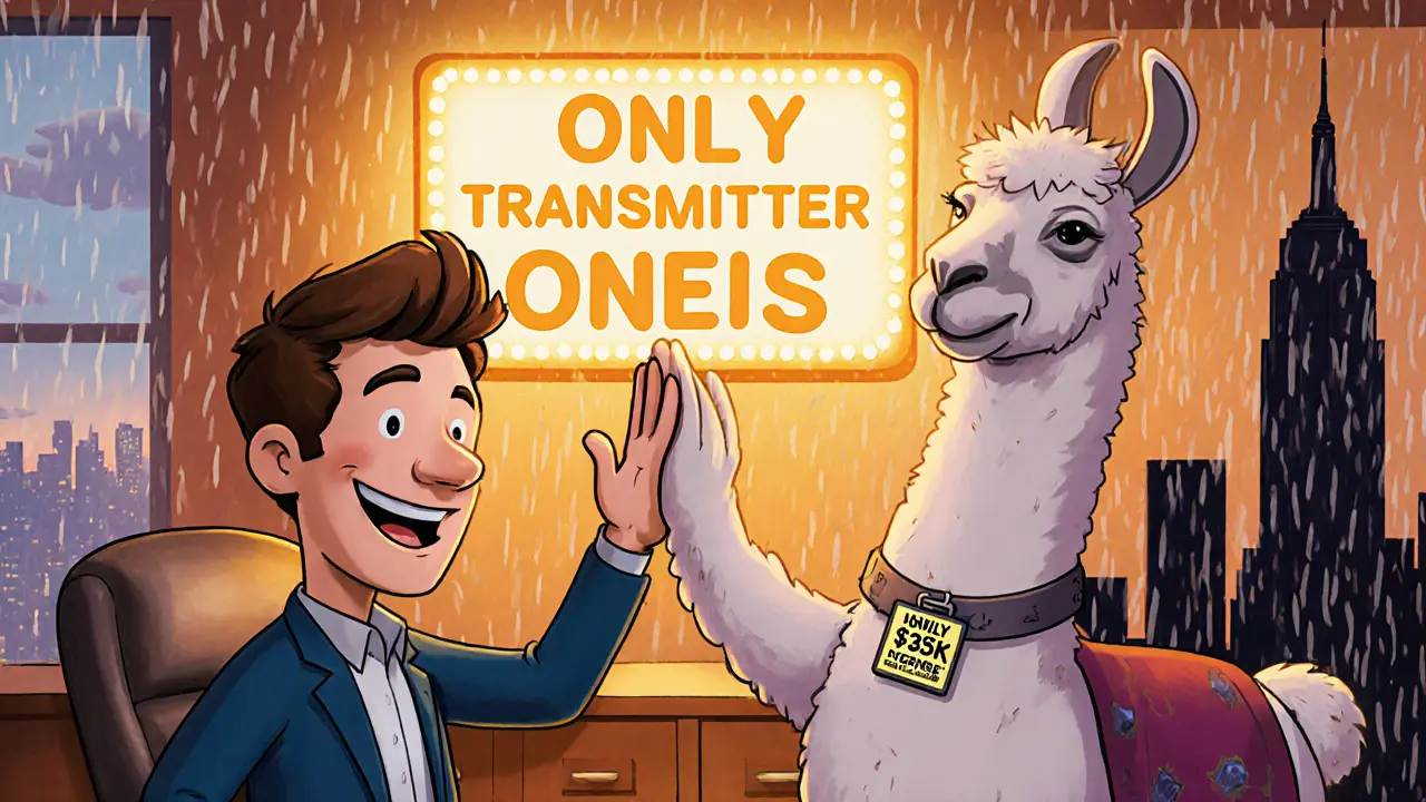 A happy entrepreneur high-fives a llama in Wyoming, celebrating a low-cost money transmitter license under a glowing sign.