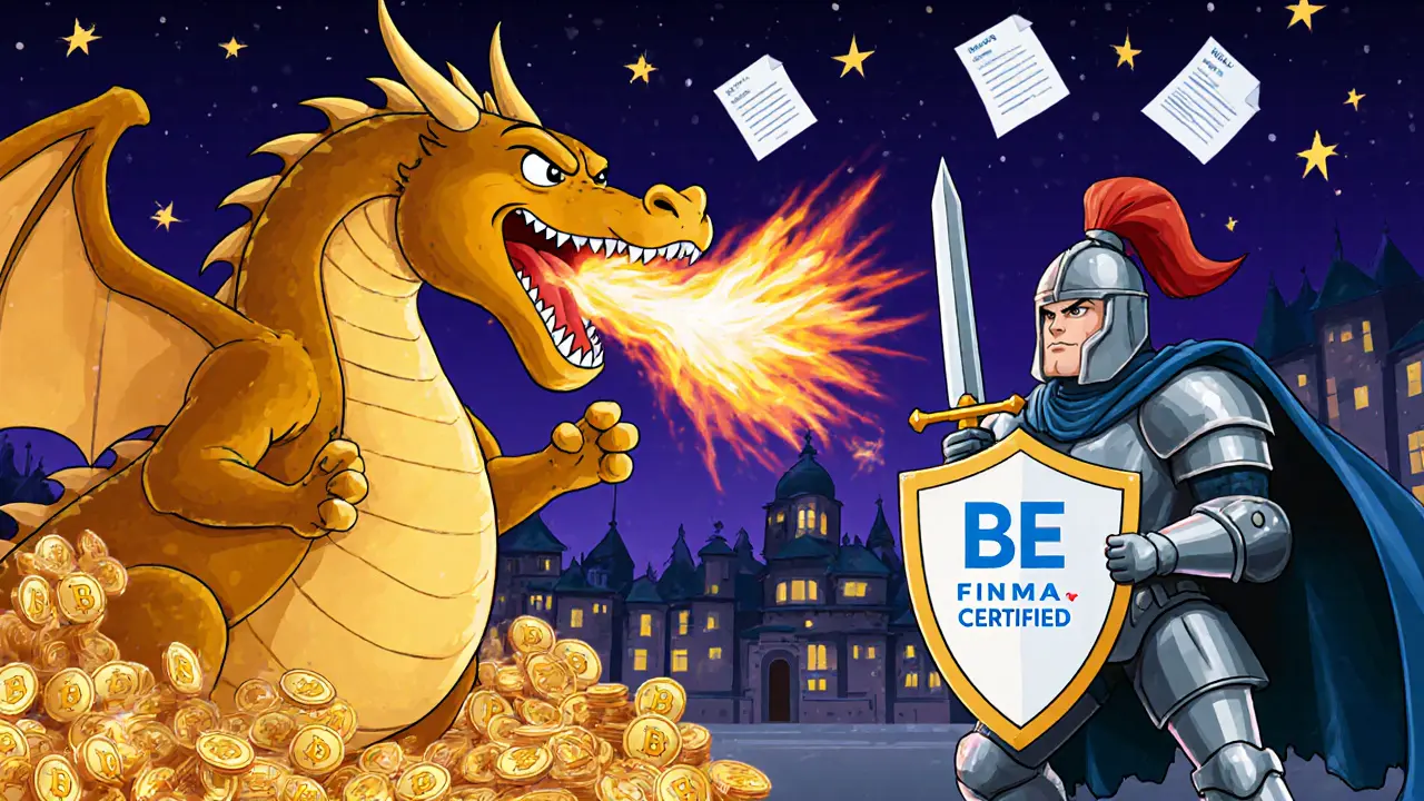 A knight labeled &#039;BiboxEurope&#039; stands firm against a chaotic dragon labeled &#039;Binance&#039; in a European city.