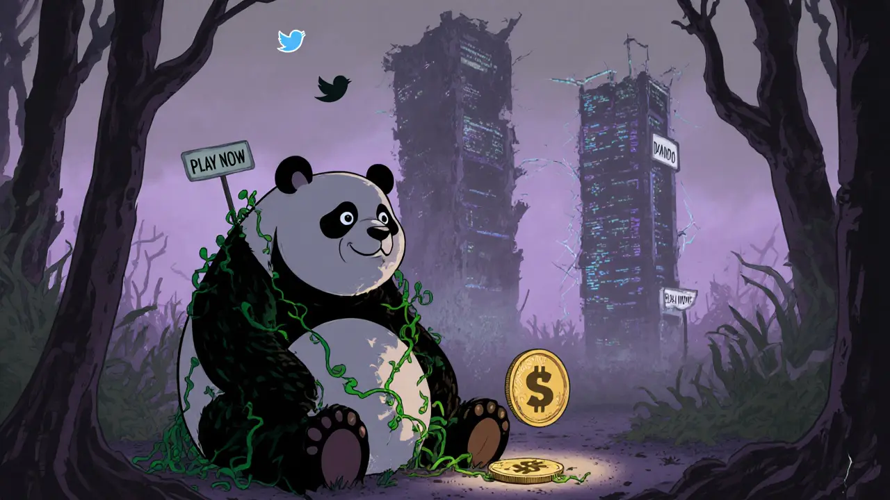 A lonely panda statue in a decaying digital forest with a single forgotten token on the ground.
