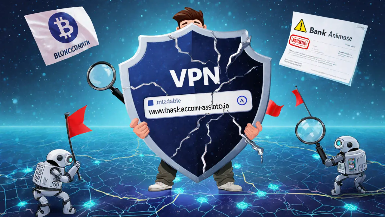 A man behind a cracked VPN shield leaking his identity onto a blockchain map watched by automated bots.