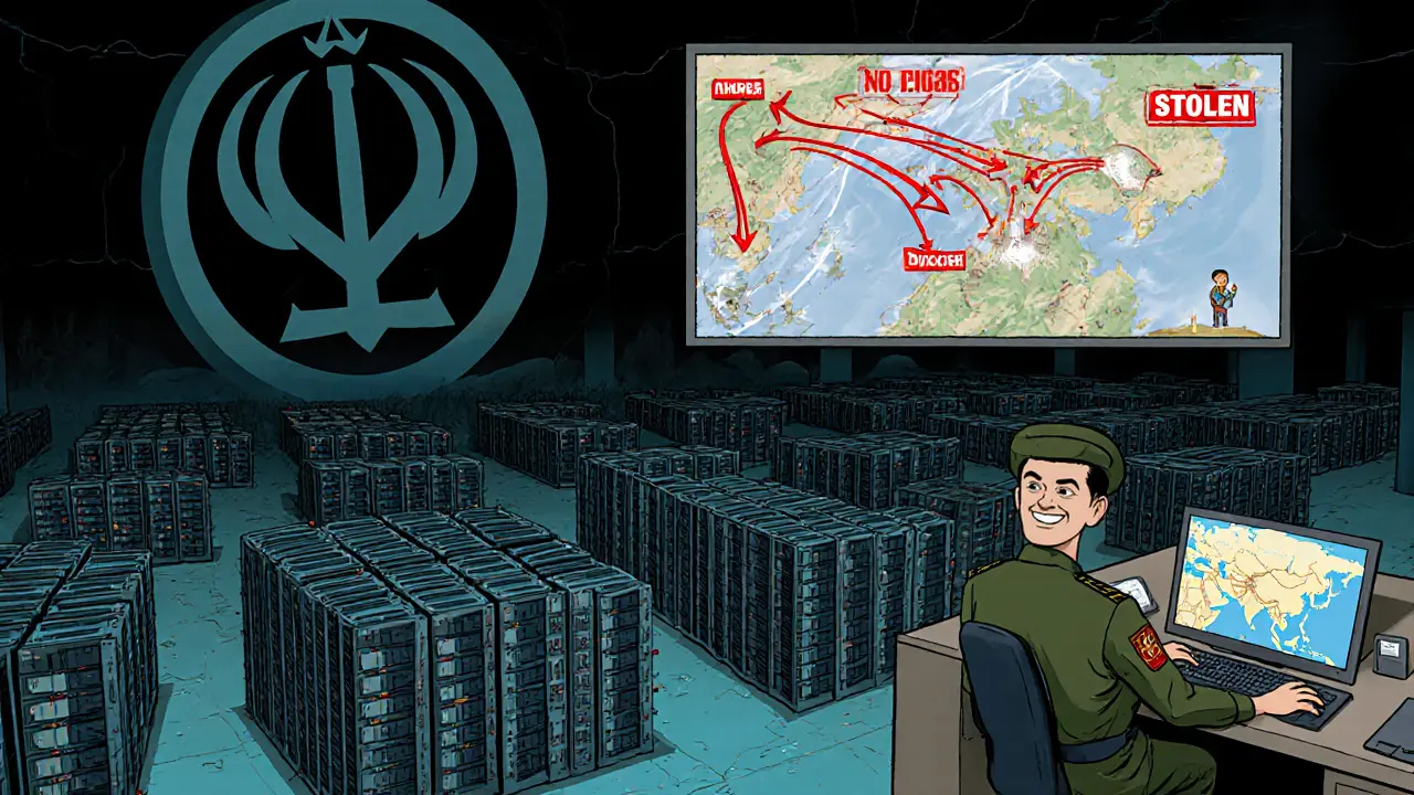 A massive IRGC-controlled mining farm with rows of ASIC miners, stealing electricity from homes, seen through a transparent grid map.