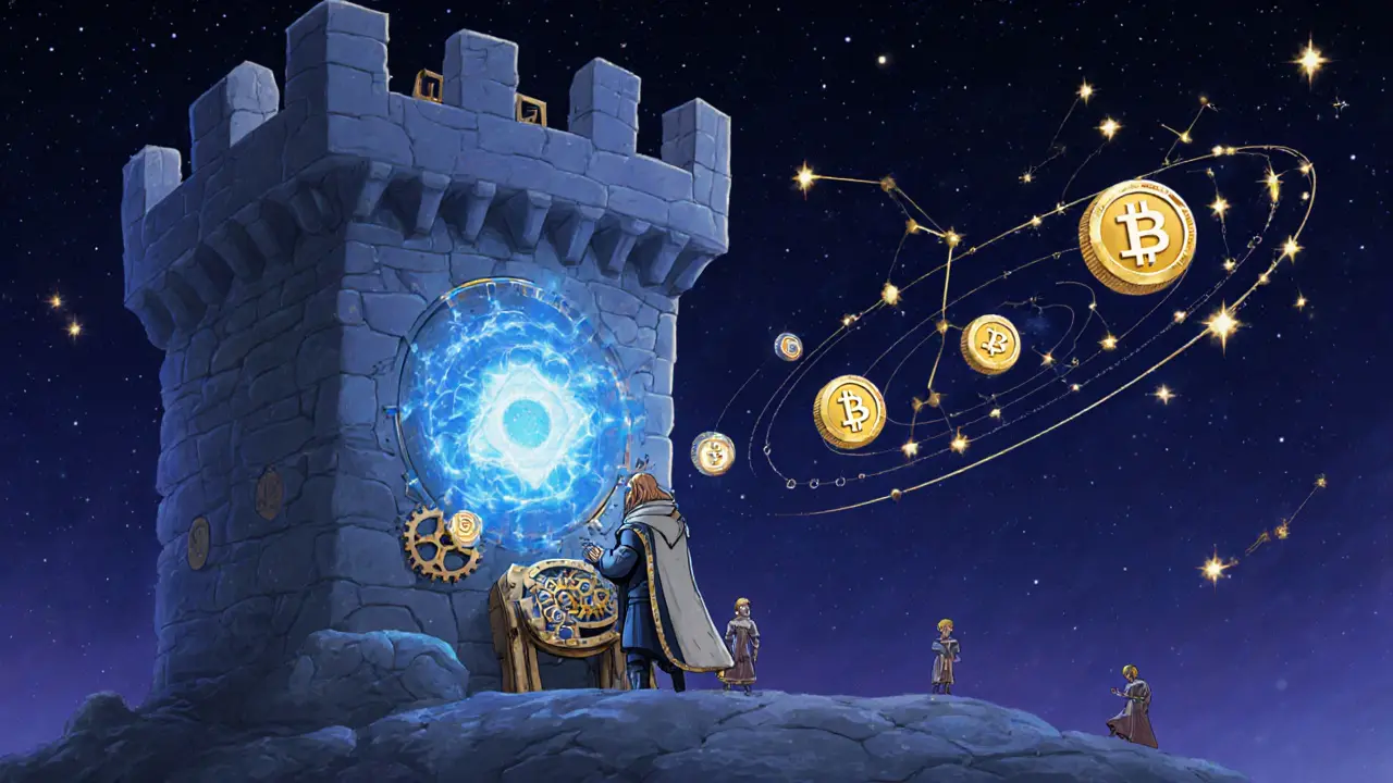 A medieval player operates a glowing blockchain node tower with LRDS tokens orbiting like stars in the night sky.
