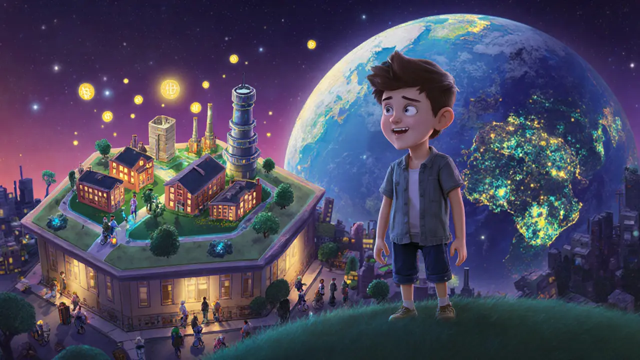 A player watches their virtual nation grow in their hometown, with quirky citizens and floating ERTHA tokens.