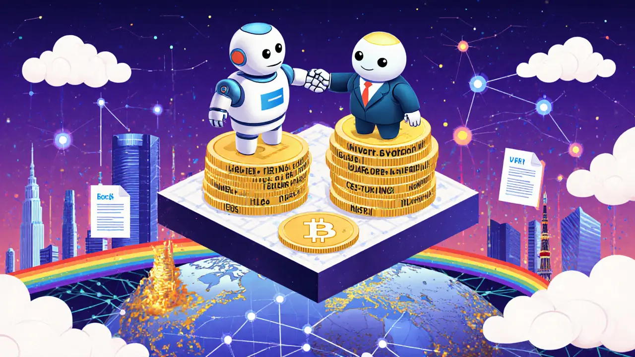 A robot and human shaking hands atop a platform of tokens, with global landmarks glowing beneath them.