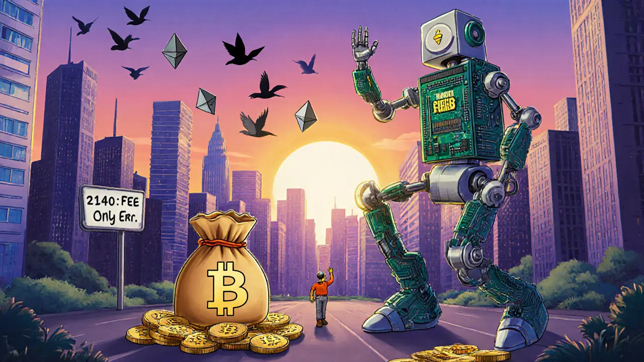 A robot made of coins carrying transaction fees toward a futuristic blockchain city as the sun sets.
