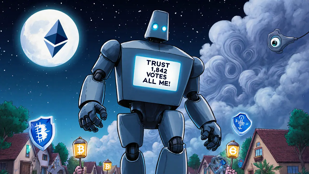 A robot made of fake wallet addresses overwhelming a peaceful DAO community.