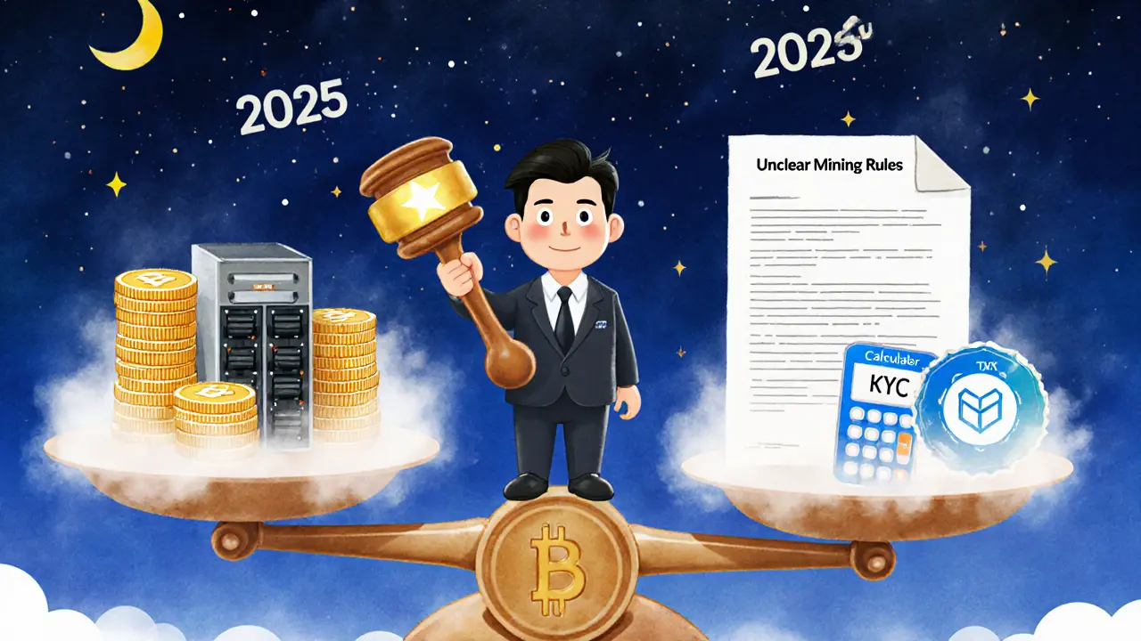 A scale balancing unclear crypto mining against legal compliance under a blockchain gavel