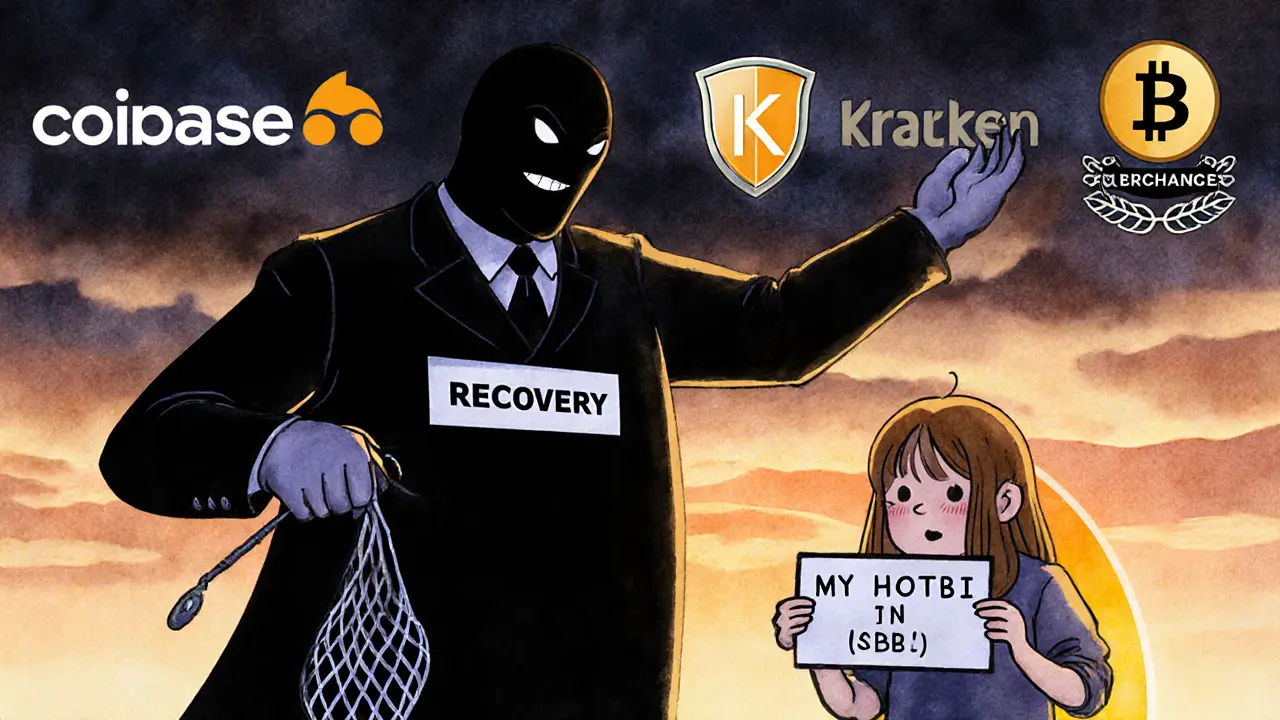 A scammer offering fake recovery to a grieving user, while safe exchanges glow in the distance.