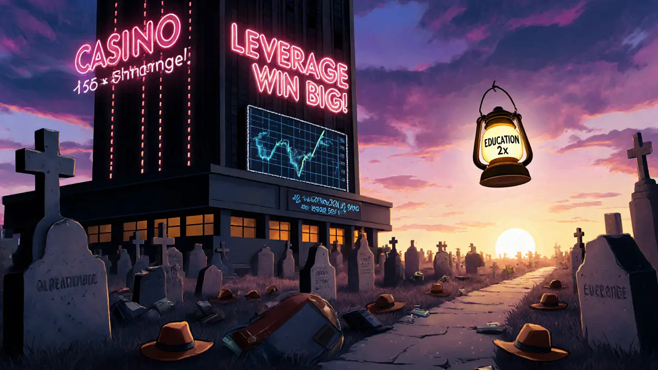 A sinister exchange casino tower looming over a graveyard of trader hats, with a single glowing lantern of education guiding away.