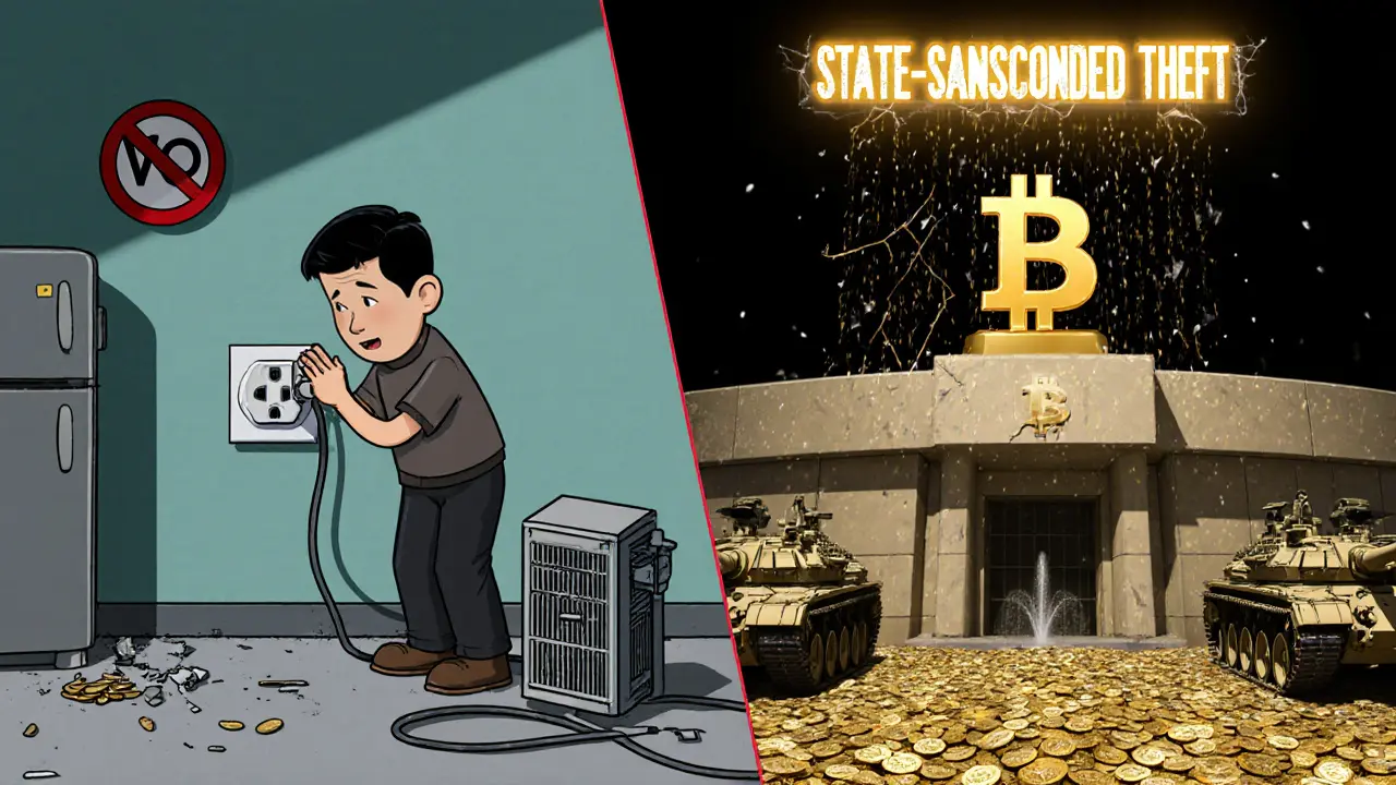 A split scene: a man with a broken miner on the left, an IRGC Bitcoin bunker raining digital coins on the right.