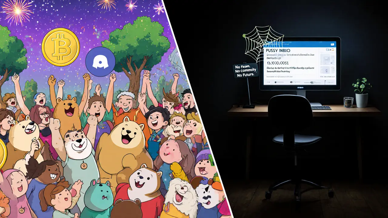 A split scene: thriving crypto community vs. an empty room with a dead token on screen.