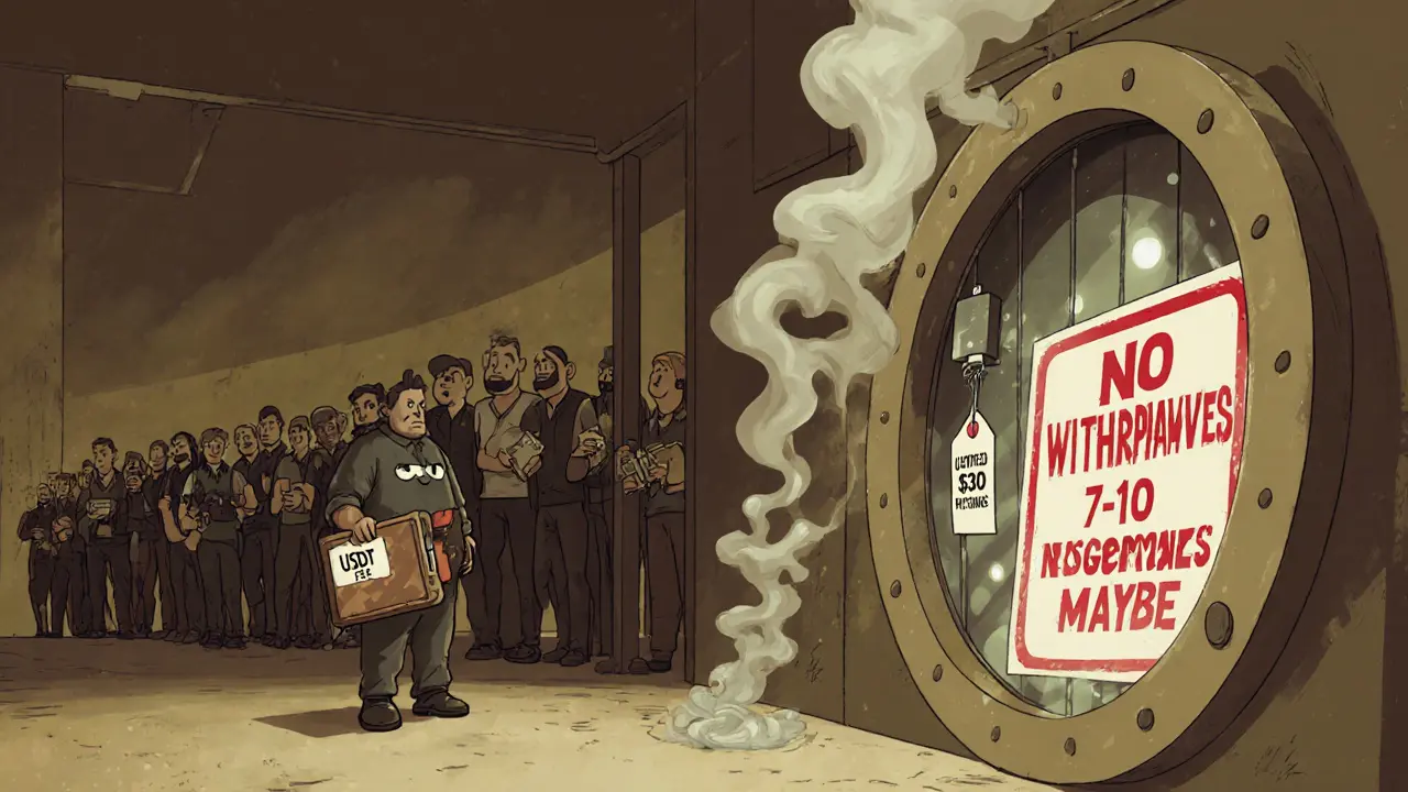 A trader facing a  withdrawal fee trap, surrounded by locked users, cartoonish and dramatic.