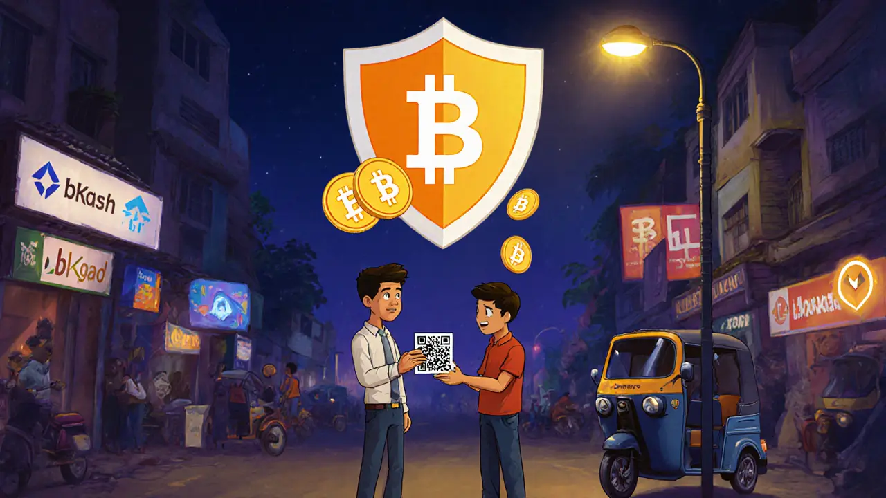 A trader hands a QR code to a customer at night, while a protective Binance shield hovers above them with digital currency icons.