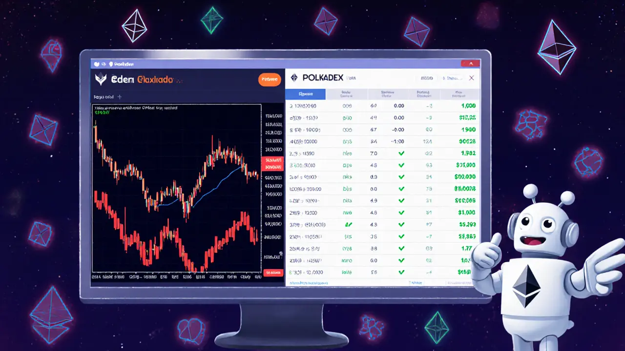 A trader placing a low-slippage trade on Polkadex, with a split view showing chaotic AMM on one side and smooth order book on the other.