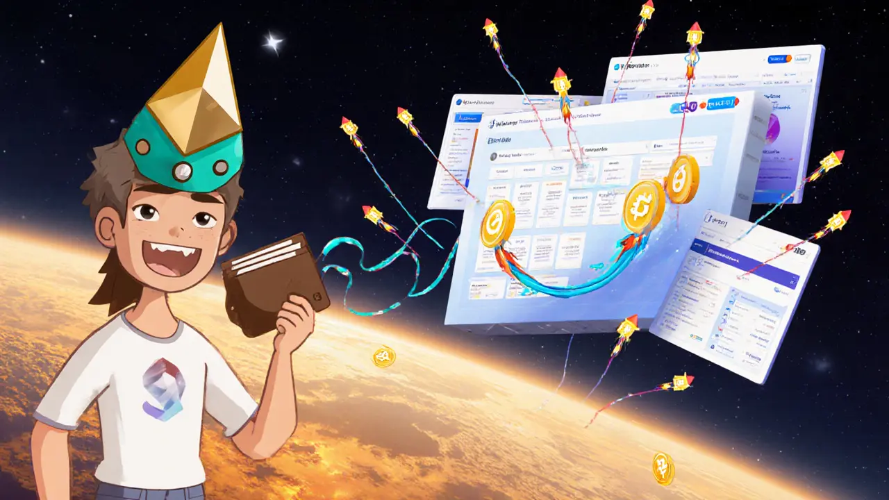 A user connecting a wallet to a floating Uniswap interface with crypto coins flowing between them.