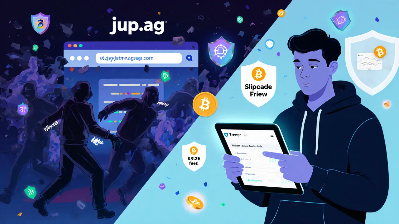 A user protected by a hardware wallet and transaction preview screen, avoiding phishing scams in a cartoonish crypto world.