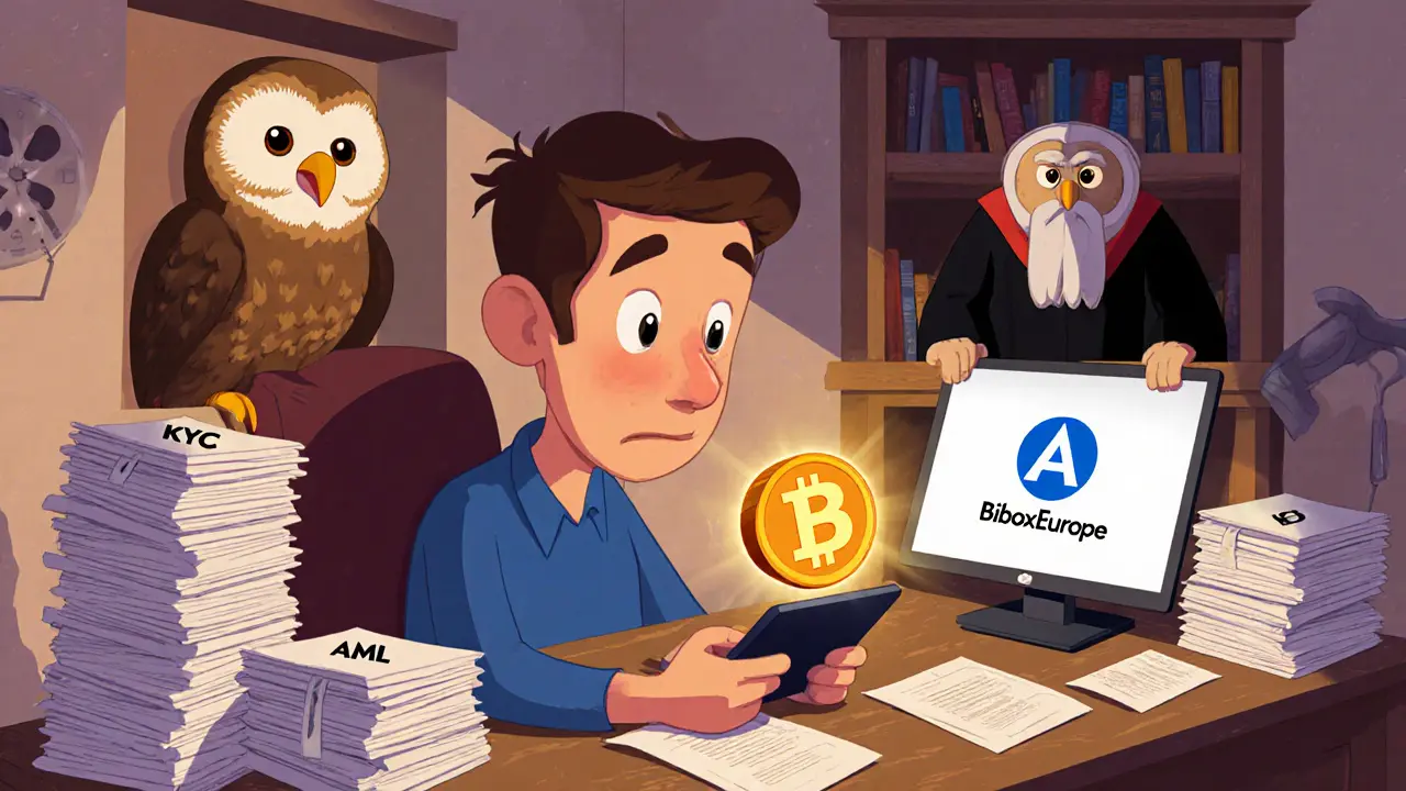 A user transfers Bitcoin from Coinbase to BiboxEurope while an owl watches over KYC documents.