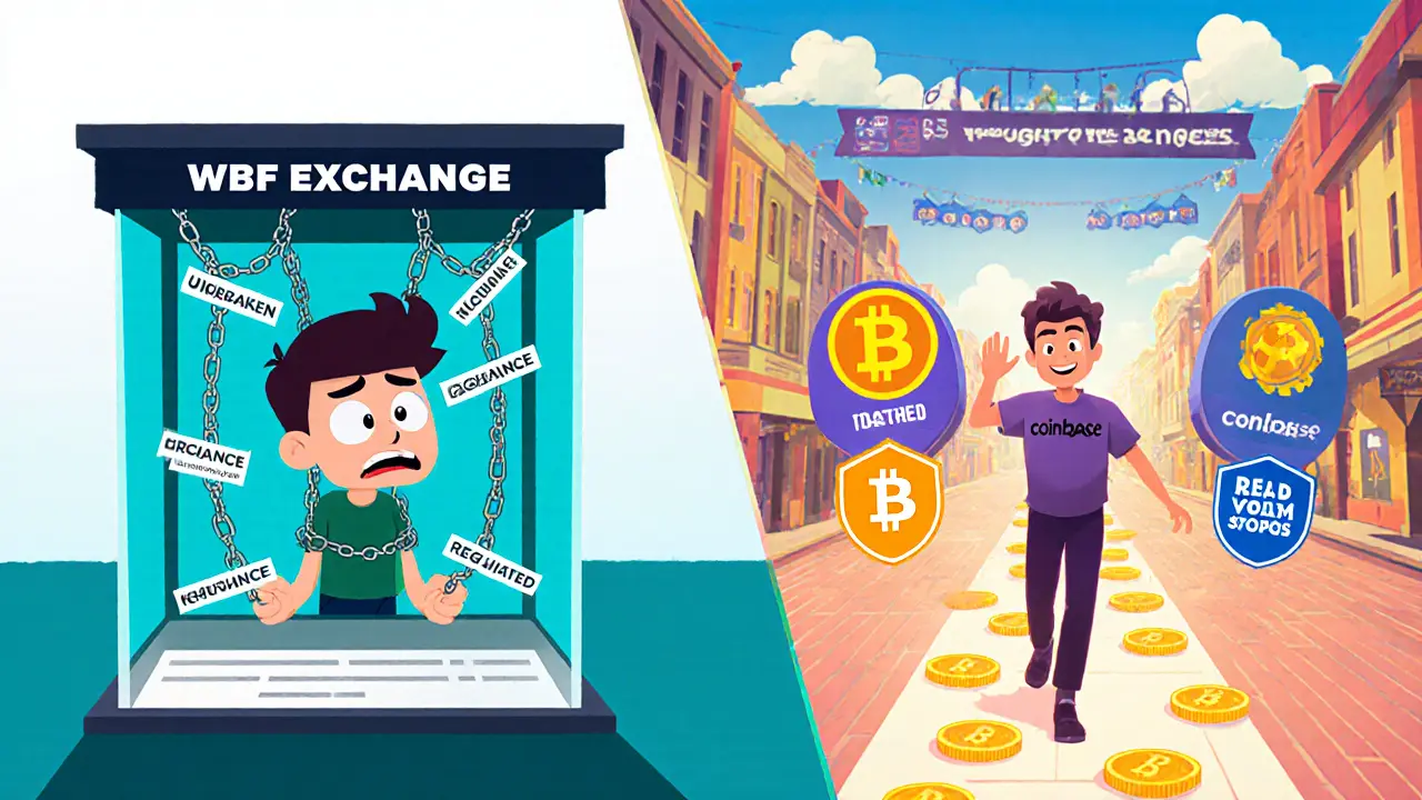 A user trapped in a WBF glass box vs. another walking safely among trusted crypto exchanges.