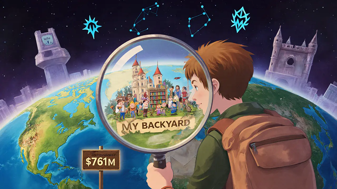 An adventurer zooms in on their backyard plot as a thriving kingdom, with fading market value signs nearby.