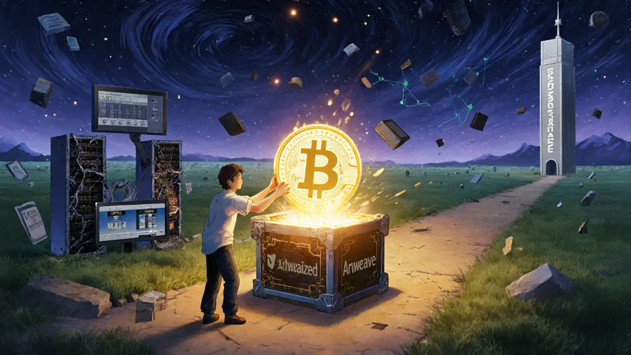 An artist places an NFT into a blockchain time capsule, with two paths showing centralized decay and permanent storage.