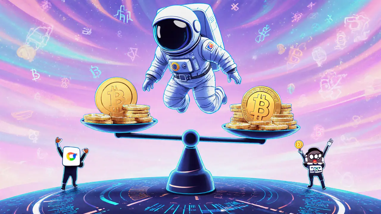 An astronaut balancing USDT and CORA tokens on a giant scale with crypto logos cheering.