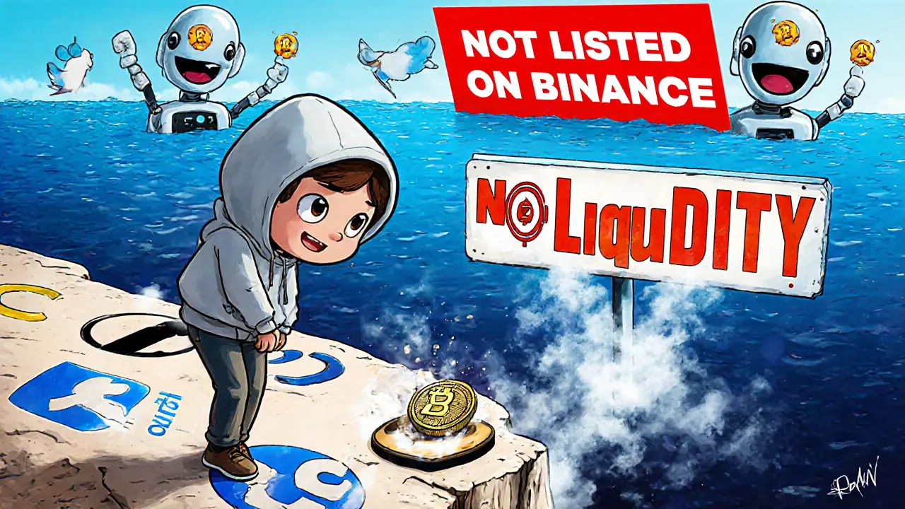 An investor peering into a bottomless pit labeled 'No Liquidity' as bots laugh above.