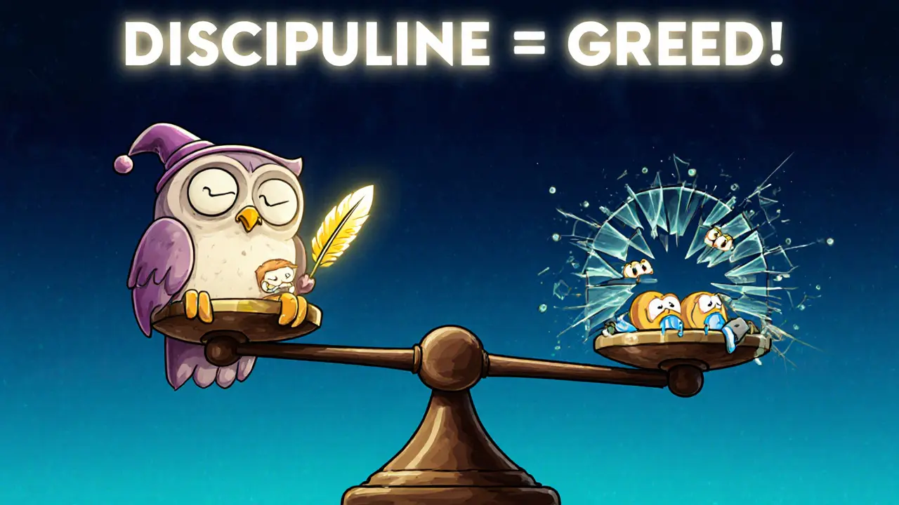 An owl on a scale comparing 2x leverage (peaceful) vs 100x (shattered), banner says &#039;DISCIPLINE &gt; GREED&#039;.