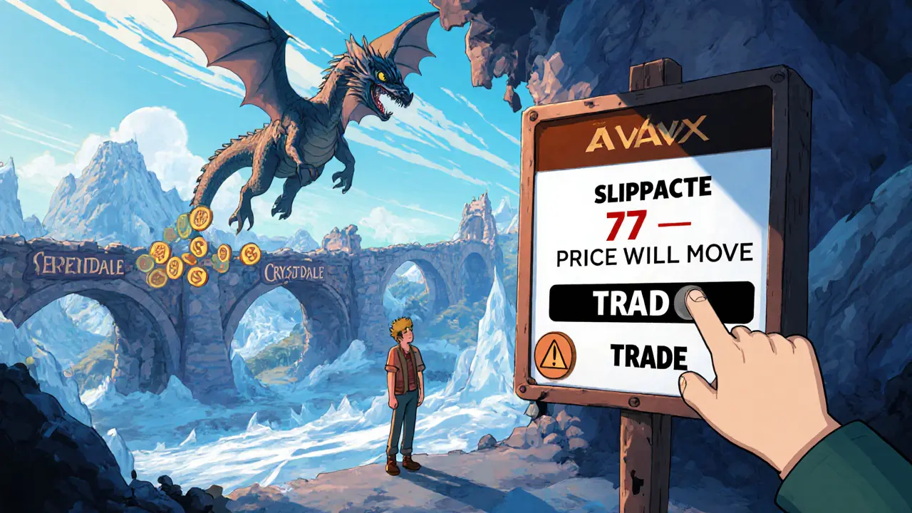 Beginner player faces a slippage warning as a dragon flies by with AVAX tokens in the background.