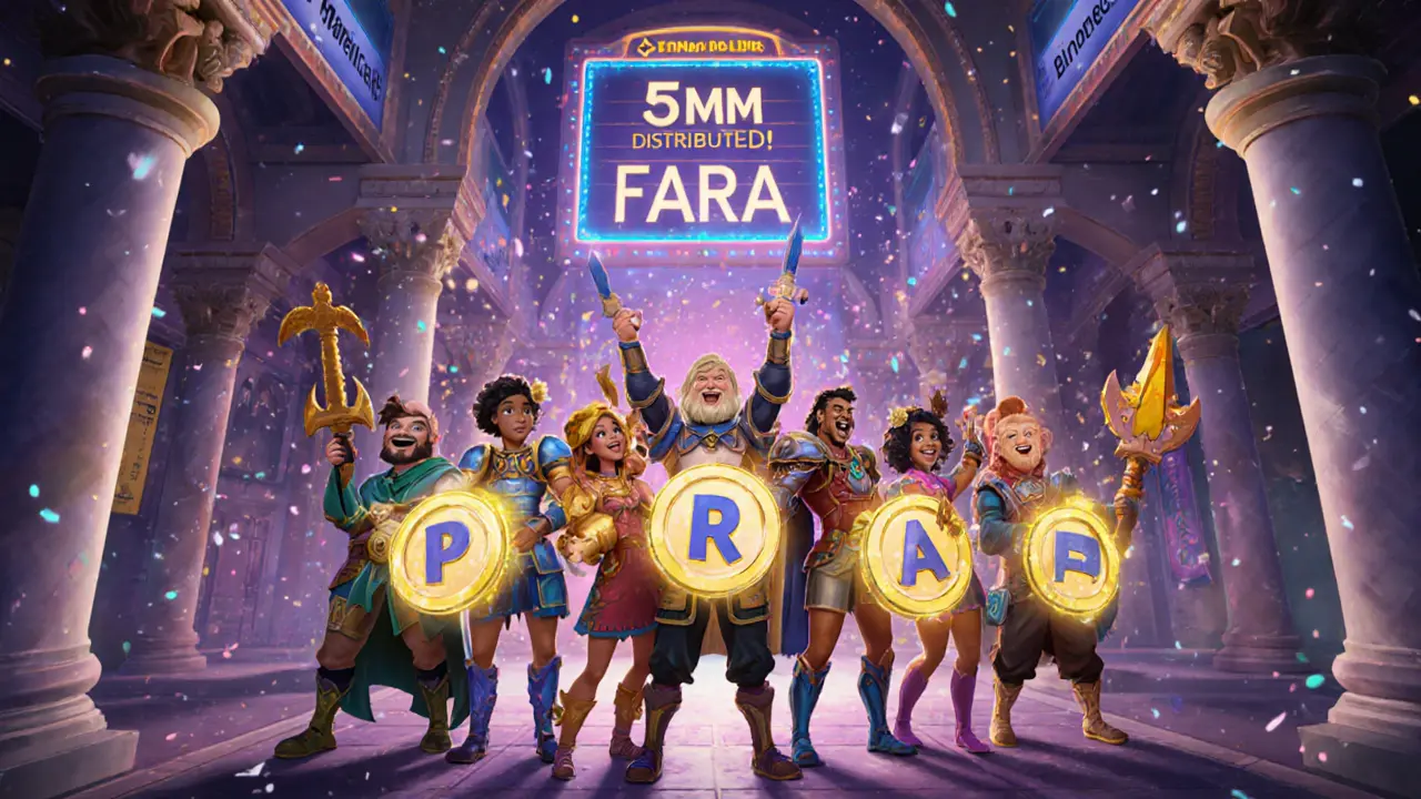 Celebrating players in a fantasy guild hall with glowing NFT heroes and a giant FARA token counter in the background.