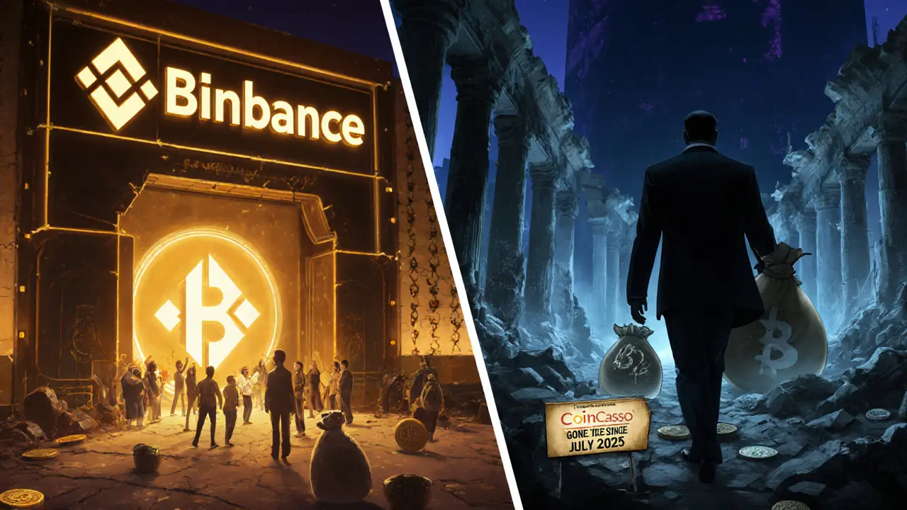 Contrast scene: trustworthy exchange vs. ghostly ruins of CoinCasso with stolen crypto being carried away.