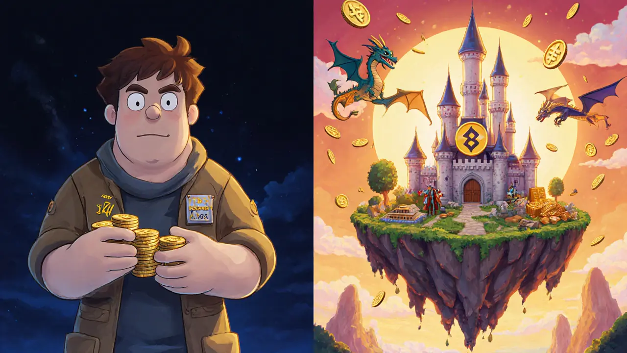 Contrasting two timelines: a 2021 player with few tokens vs. a 2025 player ruling a magical Faraland 2.0 castle.