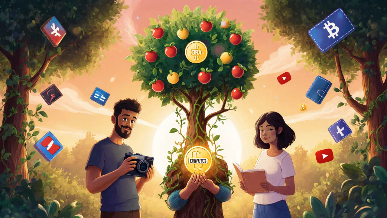 Creators holding NFTs that grow into trees bearing CORA fruit in a magical digital forest.